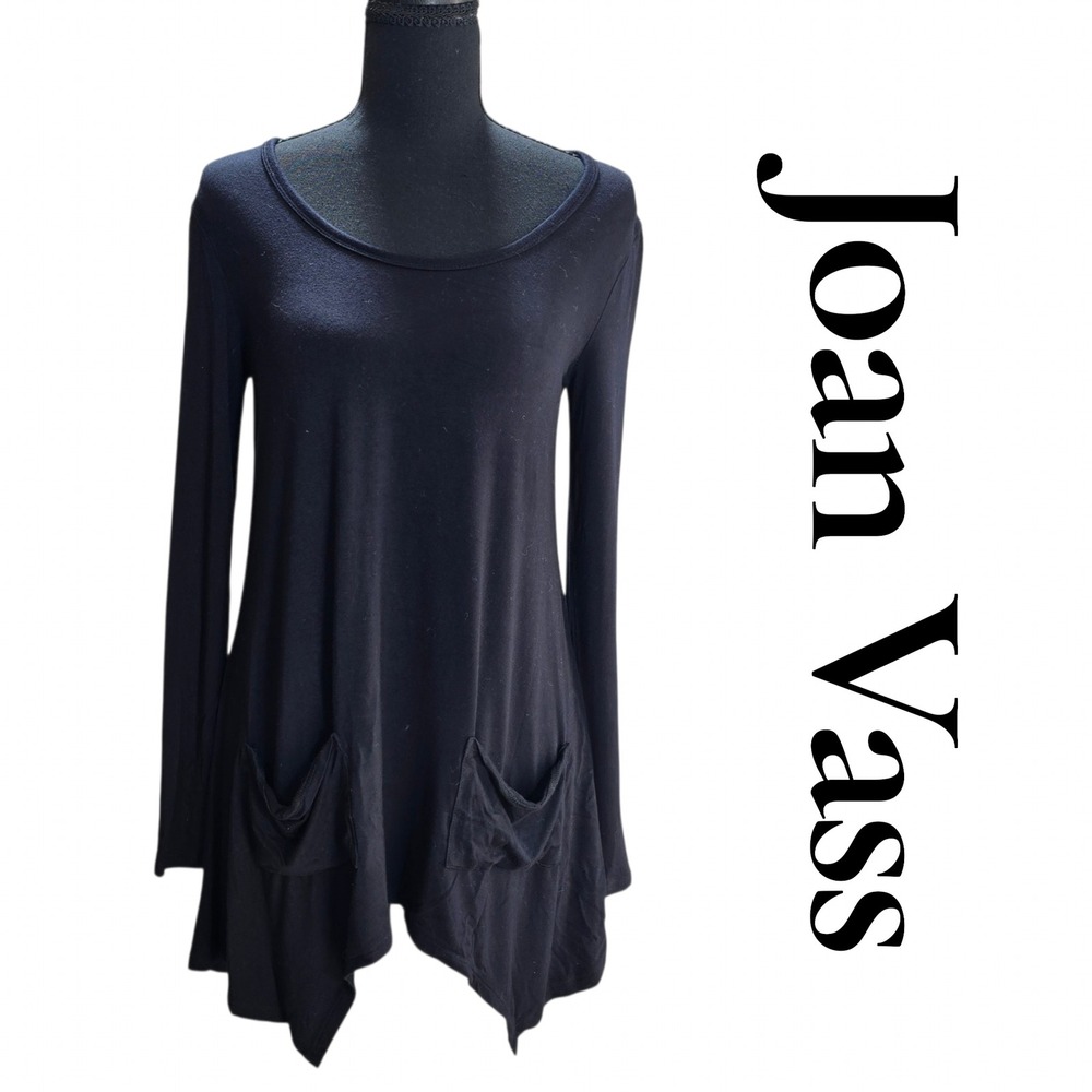 Joan Vass Tunic Women S Black Rayon Sharkbite Hem Long Sleeve Pocket Lagenlook